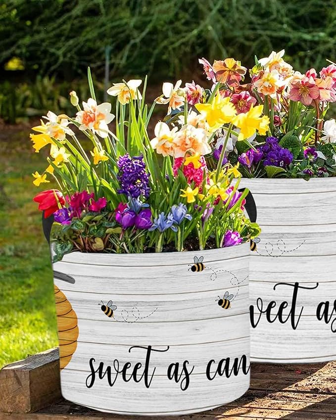 3 Gallon Grow Bags Planter Bag,Fall Hive Bumble Bee Vintage Wood Grain Fabric Plant Pots with Handle,Flower Grow Bag for Vegetable Potato Tomato,Farm Honeybee Gardening Bags