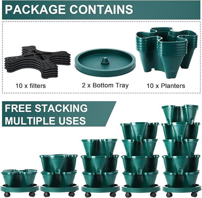 Umigy 2 Set 5 Tier Stackable Planters Vertical Garden Planters for Strawberry Herb Flower and Vegetable Indoor Outdoor Gardening Pots with Removable Wheels and Bottom(Dark Green)