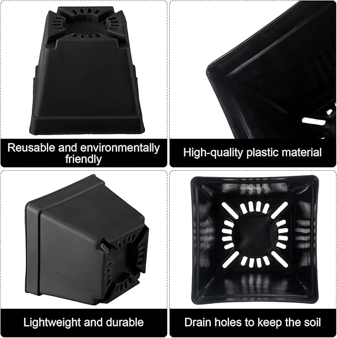 Amyhill 4 Inch Flower Pots Square Plants Nursery Pot Plastic Plant Seedling Pots Nursery Transplanting Planter Container with Saucer for Indoor Herbs Succulent Balcony Garden(Black,100 Pcs)