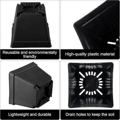 Amyhill 4 Inch Flower Pots Square Plants Nursery Pot Plastic Plant Seedling Pots Nursery Transplanting Planter Container with Saucer for Indoor Herbs Succulent Balcony Garden(Black,100 Pcs)