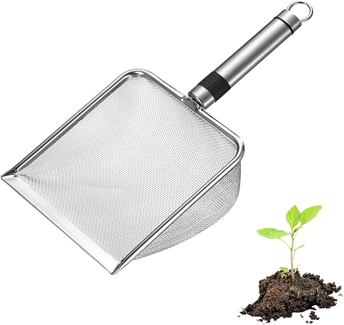 1-Pack Gardening Soil Sifter, 1.5 mm Mesh Stainless Steel Sand Soil Compost Sieve with Stainless Steel Handle for Sand/Dirt/Rock Compost, Screen Potting Scoop [Silver Tone]