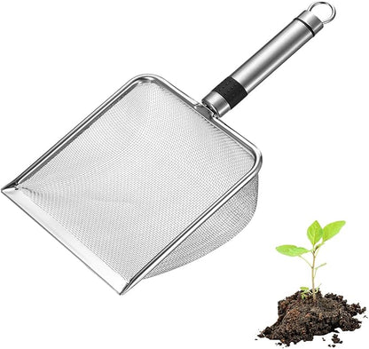 1-Pack Gardening Soil Sifter, 1.5 mm Mesh Stainless Steel Sand Soil Compost Sieve with Stainless Steel Handle for Sand/Dirt/Rock Compost, Screen Potting Scoop [Silver Tone]