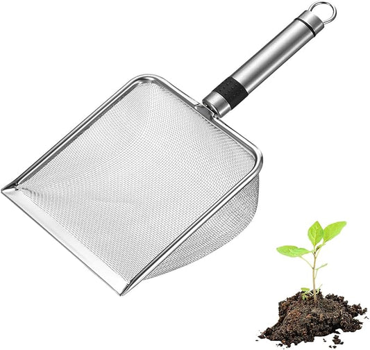 1-Pack Gardening Soil Sifter, 1.5 mm Mesh Stainless Steel Sand Soil Compost Sieve with Stainless Steel Handle for Sand/Dirt/Rock Compost, Screen Potting Scoop [Silver Tone]