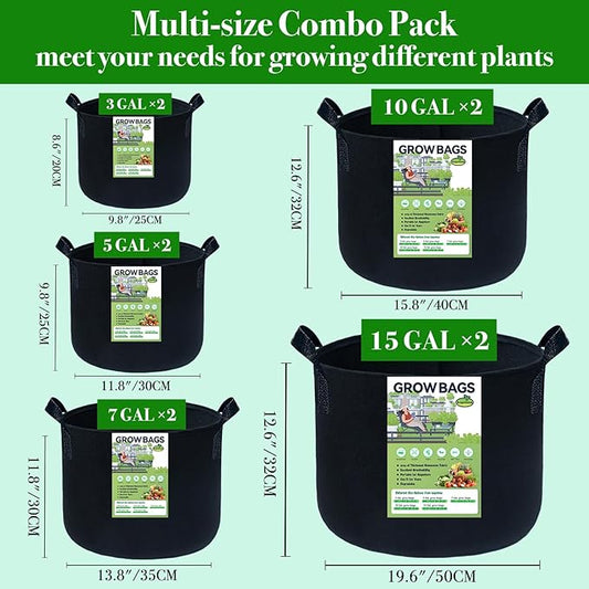 10Packs Mixed Size Grow Bags, Fabric Plant Grow Bags, Variety Sizes Fabric Planters, Garden Bgas Fabric Pots, 3Gal/5Gal/7Gal/10Gal/15Gal * 2
