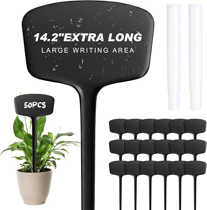 50 Pcs 14.2 Inch Plastic Plant Labels Tags T Type Plant Markers with Pen for Outdoor Indoor Garden Pot Herbs Flowers Vegetable (Black)