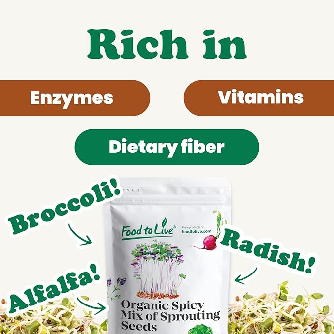 Food to Live Organic Spicy Mix of Sprouting Seeds, 5 Pounds — Non-GMO Broccoli, Radish, Alfalfa, Raw, Rich Germination Rate, Non-Irradiated, Pure, Kosher, Vegan Superfood, Bulk, Rich in Sulforaphane