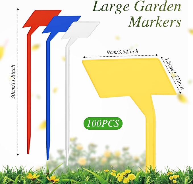 Marsui 202 Pcs Large Plant Labels Kit, Include 100 Outdoor Plastic Plant T Type Tags Waterproof Reusable Plant Markers Stakes, 100 PET Films and 2 Marker Pens for Herbs Pot (Multicolor,11.8 Inch)