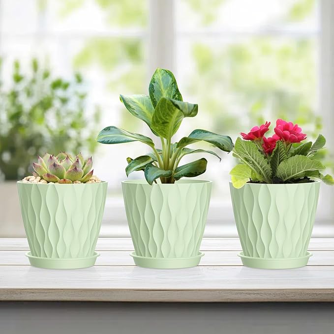 12 Pack 4 Inch Small Plant Pots with Saucers, Waffle Texture Plastic Planters with Drainage Holes for Indoor and Outdoor Plants, Flowers, Herbs, Succulents, and Seedlings, Green