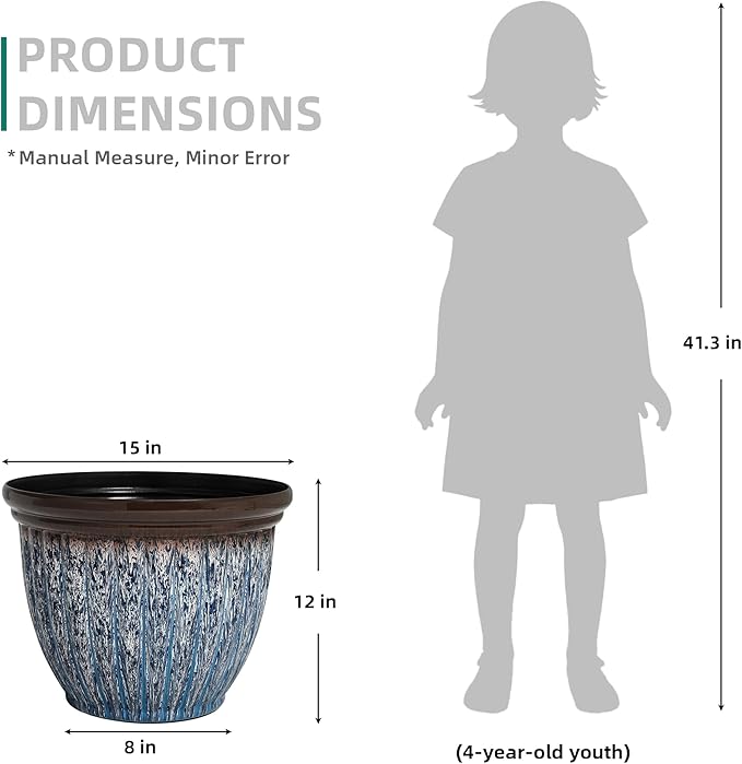 15" D Large Flower Pots, 2-Pack Big Planters for Indoor Outdoor Plants, UV-Protect PP Container for Garden Patio Yard Balcony Porch or Home Decor, Artistic Floating Blue & Brown Glaze
