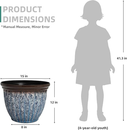 15" D Large Flower Pots, 2-Pack Big Planters for Indoor Outdoor Plants, UV-Protect PP Container for Garden Patio Yard Balcony Porch or Home Decor, Artistic Floating Blue & Brown Glaze