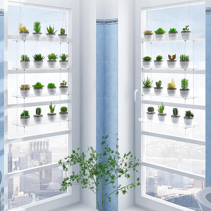 Clear Hanging Window Plant Shelves,2-Pack 4-Tier,Indoor Windows Wall Hanging Plant Stand Flower Display,Flower Pot Organizer Storage for Window Grow Herbs,Microgreens,Succulents,Flowe4,16-Inch