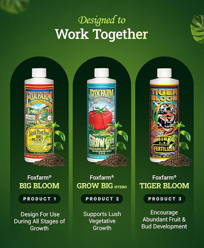 FoxFarm Hydro Liquid Trio Pack - Big Bloom, Grow Big, Tiger Bloom Fertilizers for Vigorous Plant Growth, Bud Development & Abundant Fruit - Complete Hydroponic Plant Food Set - 3 Quart Bottles