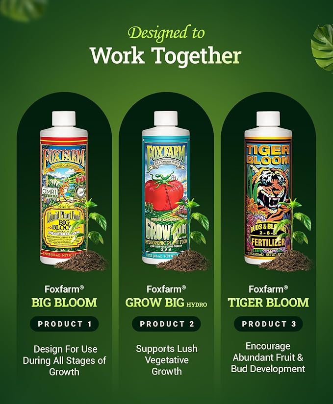 FoxFarm Hydro Liquid Trio Pack - Big Bloom, Grow Big, Tiger Bloom Fertilizers for Vigorous Plant Growth, Bud Development & Abundant Fruit - Complete Hydroponic Plant Food Set - 3 Pint Bottles