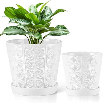 EFISPSS Ceramic Plant Pots, 5+6 Inch Pots for Indoor Plants, Planters with Drainage Holes and Tray, Modern Flower Pots Gardening Home Desktop Office Windowsill Decoration Gift Set of 2 - White