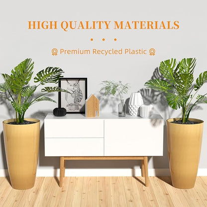 QCQHDU 21 inch Tall Planters for Outdoor & Indoor Plants, 2 Pack Sturdy Plant-Flower-Tree Pots for Front Porch Patio Deck Living Room Decor, Golden