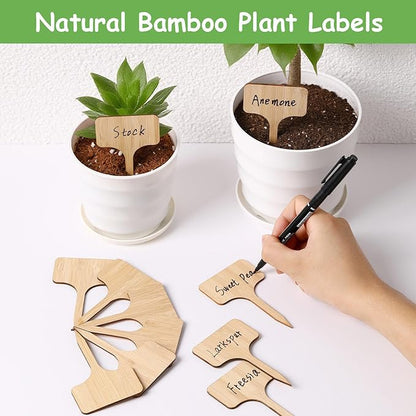 140 Pcs Bamboo Plant Labels with 1 Marker Pen, T-Type Natural Seedling Nursery Sign Tags, Wood Garden Markers Decorative Patio Tags for Outdoor Indoor Potted Plants Herbs Flowers Vegetables