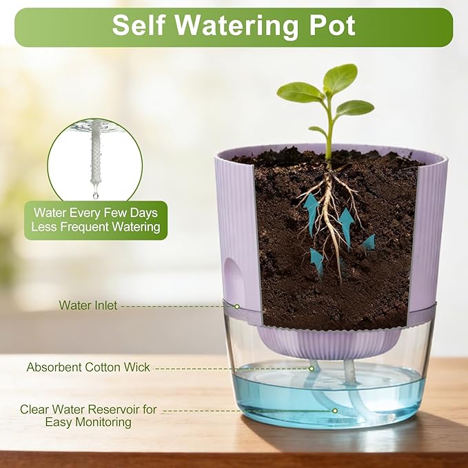 Plant Pots, 4 Pack 5.7 Inch Self Watering Pots for Indoor Plants, Flower Pots with Deep Reservoir and Drainage Holes - Yellow & Purple
