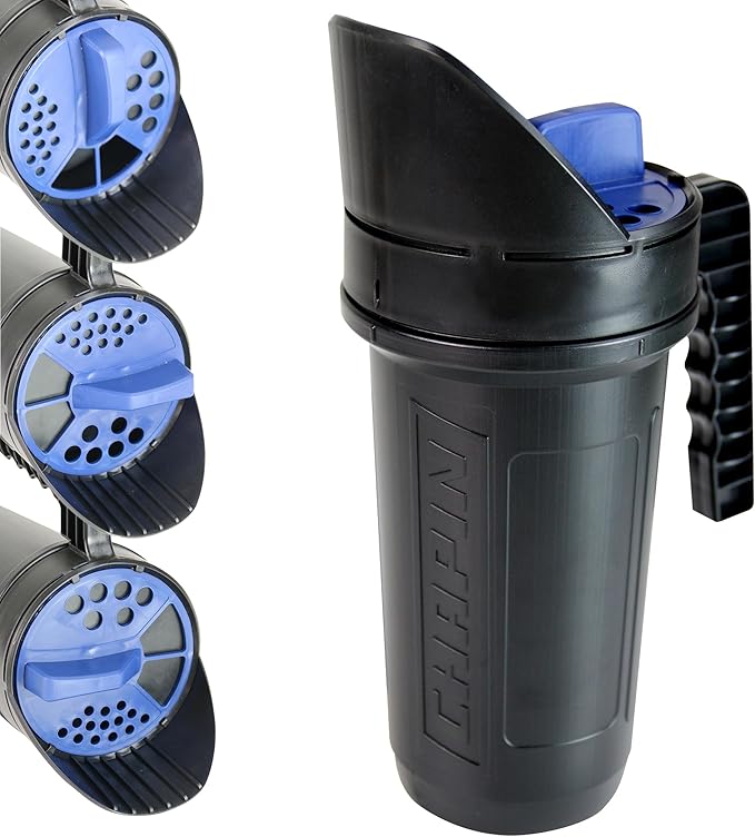 Chapin 8740A: 64-Ounce Black Poly Hand Shaker Spreader for Turf,Fertilizer,Grass Seed,Salt and Sand,Year-Round Use,Large Grip Handle with 3 Openings for Pellets and Particles,(Pack of 6)