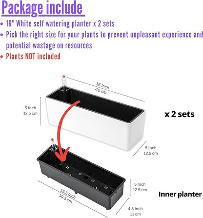 LaLaGreen Planter Box for Indoor Plants (16 Inch, 2 Pack) White Rectangular Self Watering Flower Pot, Large Window Boxes Planters with Drainage Decorative Modern Balcony Windowsill Herbs Home Garden