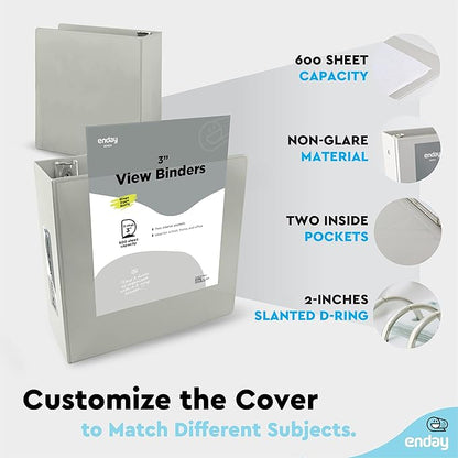 3 Inch Binder 3 Ring Binders Grey, Slant D-Ring 3” Clear View Cover with 2 Inside Pockets, Heavy Duty Colored School Supplies Office and Home Binders – by Enday