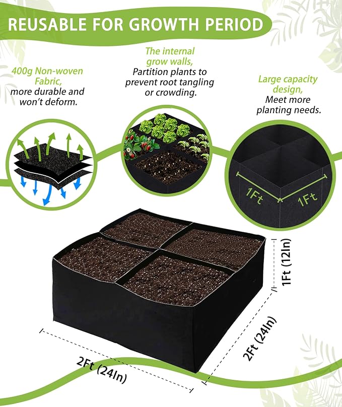 2 Pack Fabric Grow Bags, Raised Garden Bed for Vegetable Herbs Flowers, Fabric Plant Pots Indoor Outdoor, 2x2x1ft
