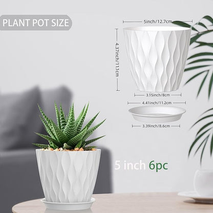 5 Inch Planter Pots, 6 Pack Indoor Planters, Small Flower Pots with Drainage Holes and Tray for Succulents, Orchids, Herbs and Other Indoor Plants (White, 5inch)