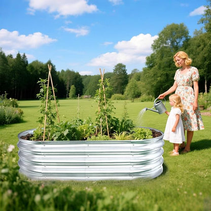 Raised Garden Bed, Galvanized Raised Garden Beds Boxes, Oval Metal Planter Gardening Box for Outdoor Plants Vegetables Flower Herb