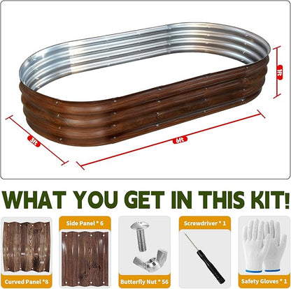 Galvanized Raised Garden Bed Outdoor, Large Raised Bed for Gardening, 6x3x1ft Oval Metal Planter Box for Vegetables, Fruits, Flowers, Dark Brown Wood Grain