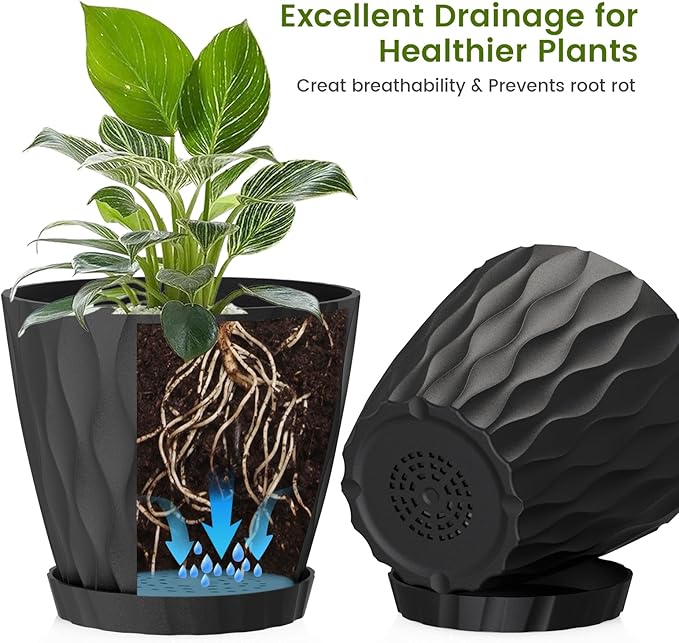 8 Inch Plant Pots, 2 Pack Plastic Planters for Indoor Outdoor with Drainage Holes & Saucers, Waffle Texture Flower Pots for Indoor Plants, Indoor Plant Pots for Monstera, Fiddle Leaf Fig, Black