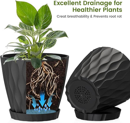 8 Inch Plant Pots, 2 Pack Plastic Planters for Indoor Outdoor with Drainage Holes & Saucers, Waffle Texture Flower Pots for Indoor Plants, Indoor Plant Pots for Monstera, Fiddle Leaf Fig, Black