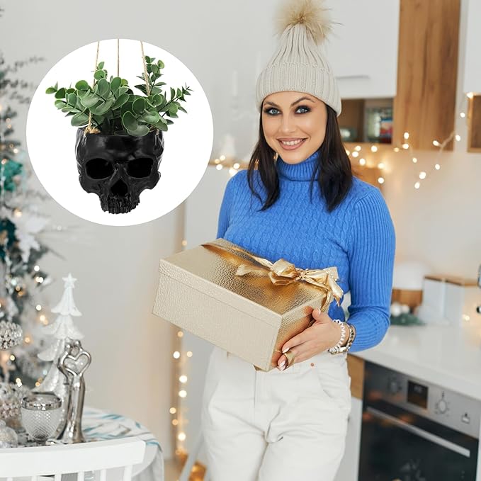 2 Pack Hanging Skull Planter Pot with Ropes Gothic Skeleton Plant Pot Skull Candy Bowl for Succulent Plants Flowers Horror Head Wall Decoration