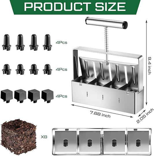 2 Set Soil Blocker, 2 Inch 4 Cell Upgraded Soil Blocking Tool for Seed Starting, Handheld Soil Block Maker with 3 Sizes Seed Pins for Garden Soil Potting Transplanting Germination