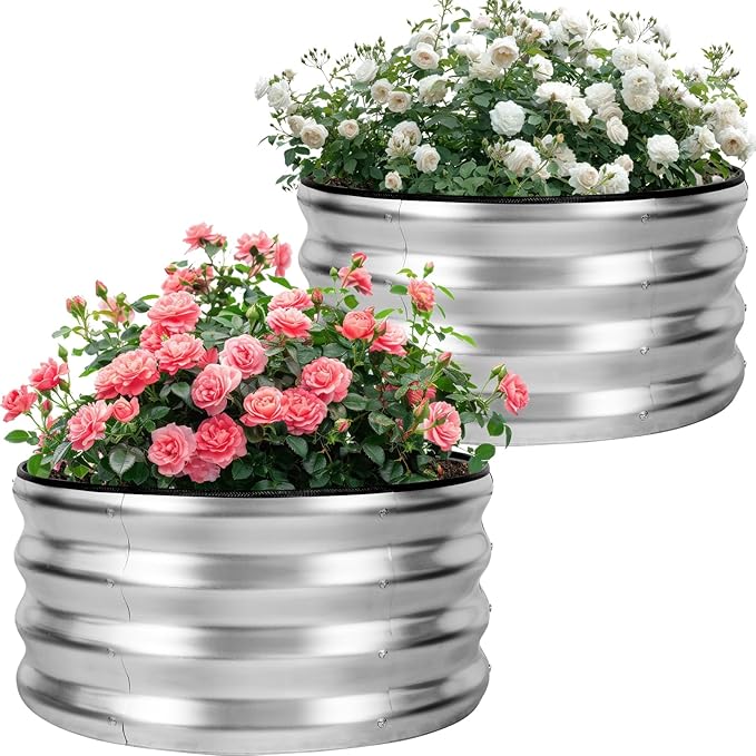 Galvanized Raised Garden Bed- 2Pcs Metal Planter Boxes Outdoor | 12" Tall 24" Round Steel Raised Bed Kit & Fire Pit Ring for Gardening with Protective Tape for Vegetables, Flower (Sliver)