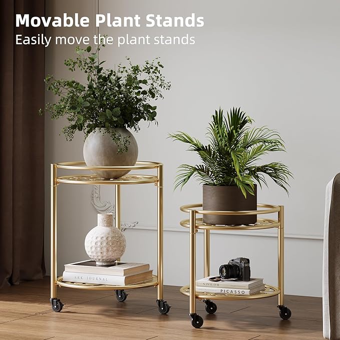 2 Tier Rolling Plant Stand with Wheels, Mid Century Modern Metal Stand for Planters, 2 Sizes 9 Inch & 11 Inch, Indoor Outdoor Movable Flower Pot Holder for Decor Home Garden Patio Load Bearing 165 LB 2 Pack Gold