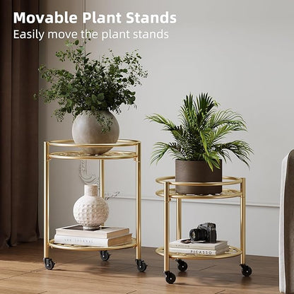 2 Tier Rolling Plant Stand with Wheels, Mid Century Modern Metal Stand for Planters, 2 Sizes 9 Inch & 11 Inch, Indoor Outdoor Movable Flower Pot Holder for Decor Home Garden Patio Load Bearing 165 LB 2 Pack Gold