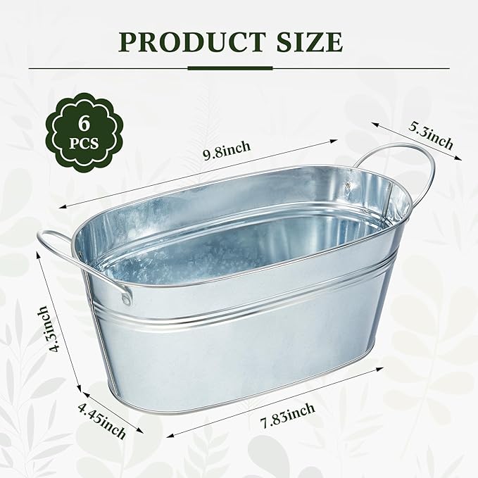 Sabary 6 Pcs Small Galvanized Oval Planters Tub Galvanized Buckets with Handle Oval Metal Pail Flower Pot Rustic Farmhouse Home Decor for Outdoor Party Wedding (9.84 x 5.31 x 4.33 Inch)