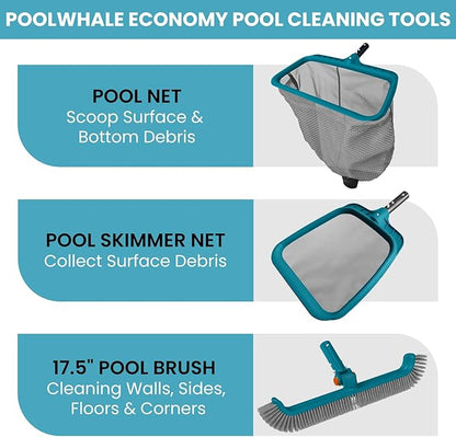 Economy Swimming Pool Cleaning Kit - Fine Mesh Deep Pool Rake & Leaf Skimmer Net, Rotatable Pool Brush Head for Cleaning Above Ground & Inground Pools (No Pole)
