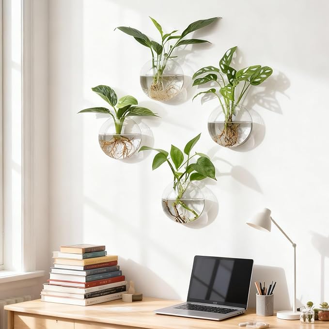 4Pcs Wall Hanging Planter Propagation Stations Glass Terrariums Vase for Hydroponics Plants, Bathroom, Home Office Living Room Decor Gift