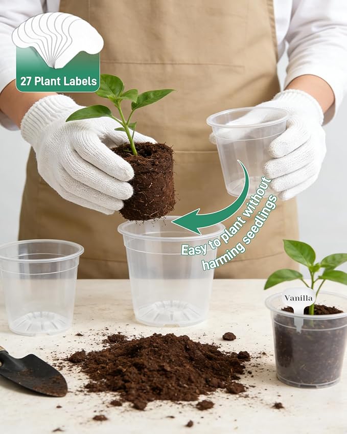 27 Pack Clear Nursery Pots with Drainage 12/9.5/8/7.5/6.7/5/4.5 Inch Nursery Pots with Saucers Transparent Seed Starting Pots Including Plant Labels for Indoor Outdoor Home Gardening