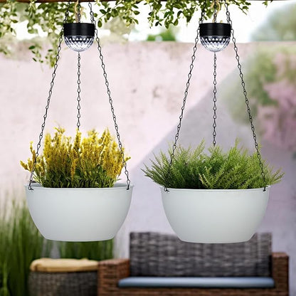SUNNYPARK 2 Packs Hanging Planters Basket for Outdoor Plants, Solar Powered Self Watering White Round Plastic Flower Pots with Drainer for Balcony Patio Garden Outdoor Decoration