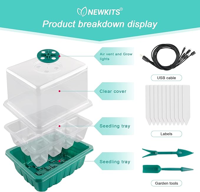 Seed Starter Tray with Grow Light, Seed Starter Kit, Plant Germination Starting Trays with Humidity Dome and Base for Greenhouse Grow Wheatgrass Hydroponic(12 Cells per Tray)
