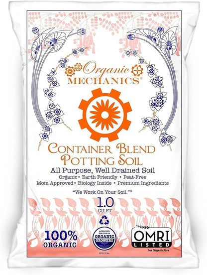 Organic Mechanics Container Blend Potting Soil, 1 Cu Ft - All-Purpose, Peat-Free, Well-Drained Blend with Compost, Rice Hulls, and Worm Castings for Growing Annuals, Perennials, Woody Plants