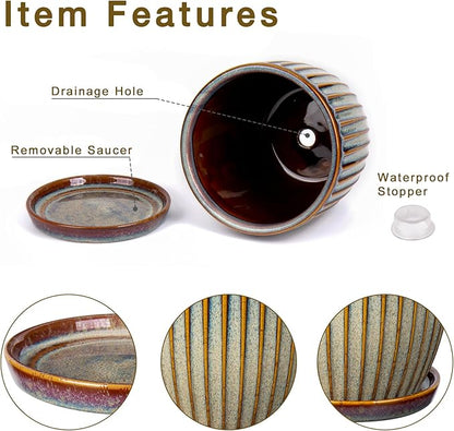 Oairse Ceramic Pots for Indoor Plants, 5.7 inch Pots for Plants Set of 2 Brown Planters with Drainage Holes and Saucers Texture Ceramic Planters Indoor Outdoor for Succulent