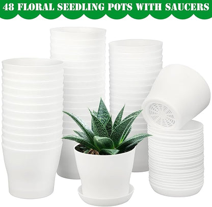 48 Pack Plastic Planters 4 Inch Flower Plant Pots Indoor Set Thickened Seedling Nursery Pots Seed Starting Pots with Drainage Holes Saucers, Mini Garden Tools for Home Office Garden, White