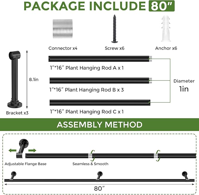 Window Plant Hanger Indoor, 80 Inch Heavy Duty Plant Hanging Rod, 1 Inch Metal Hanging Plant Holder for Window Wall, Matte Black Round Flange Base, Pot Not Included