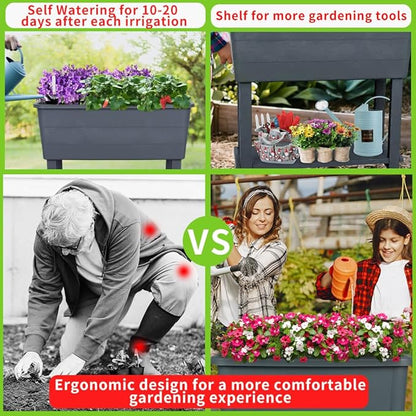 3 Pcs Self Watering Elevated Raised Garden Bed, Large Outdoor Plastic Planter Box Big Flower Plant Pot for Planting Flowers Vegetables and Herbs (3, Dark Grey)
