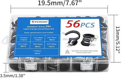 56PCS Double Cable Clamps Assortment Kit in 7 sizes 1/4" 5/16" 3/8" 1/2" 5/8" 3/4" 1" P Clamps, 304 Stainless Steel Rubber Cushioned Insulated Clamp, Pipe Clamps, Wire Loom Clips By PEROMI