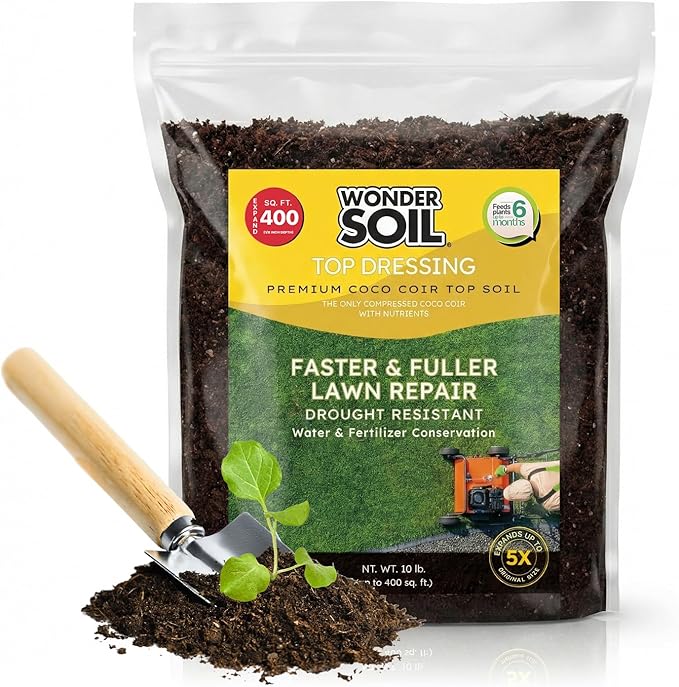 Premium Nutrient Rich Lawn Top Dressing Turf Expanding Coco Coir Mix – 10 LB Covers up to 400 sq. ft. – Grow Thicker Greener Grass in Drought Heat Conditions – Save Water, Seed, & Fertilizer