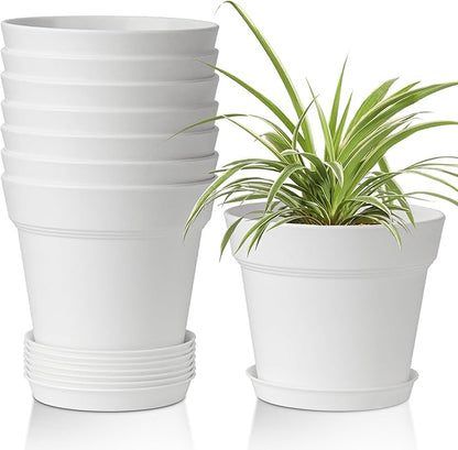 T4U 6 Inch Plant Pot 8-Pack, Plastic Planter with Drainage Hole and Saucer, Decorative Nursery Pots Bulk for African Violet, Snake Plant, Succulent, Herb and Plants Indoor (8 Pcs 6" Pots, White)
