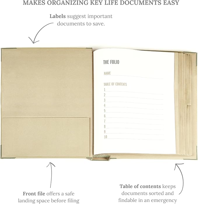 The Folio® Important Document Organizer by Savor | Binder with Guided Labels, Acid-Free File Folder Organizer with 10 Pockets, Document Holder for Home Records, Legal and Medical Papers (Slate)